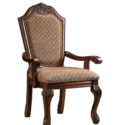 Set of Two Tan and Redwood Fabric Dining Arm Chairs
