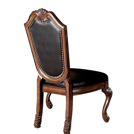 Set of Two Black and Redwood Upholstered Faux Leather And Solid Wood Dining Side Chairs