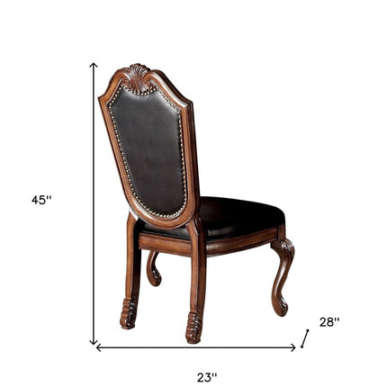 Set of Two Black and Redwood Upholstered Faux Leather And Solid Wood Dining Side Chairs