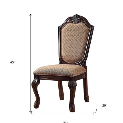 Set of Two Tan and Espresso Fabric Dining Side Chairs