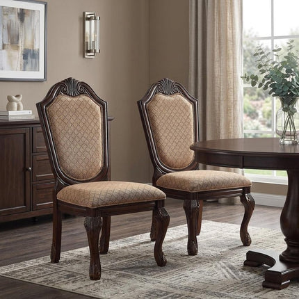 Set of Two Tan and Espresso Fabric Dining Side Chairs