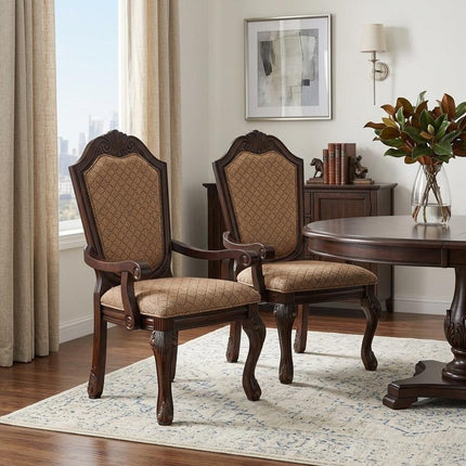 Set of Two Tan and Espresso Fabric Dining Arm Chairs