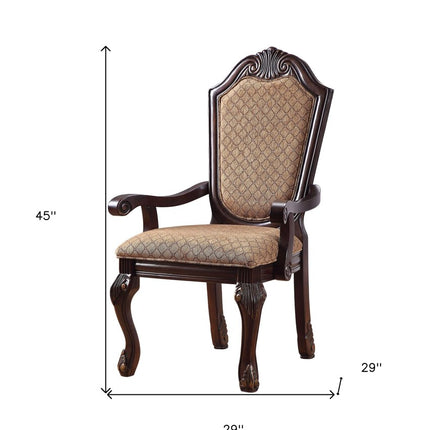 Set of Two Tan and Espresso Fabric Dining Arm Chairs