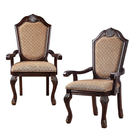 Set of Two Tan and Espresso Fabric Dining Arm Chairs