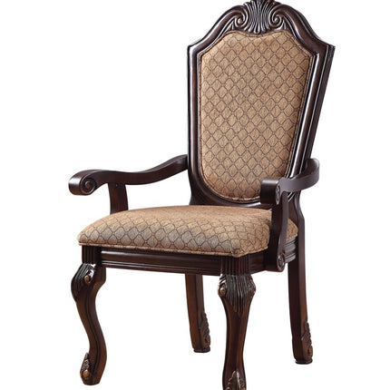 Set of Two Tan and Espresso Fabric Dining Arm Chairs