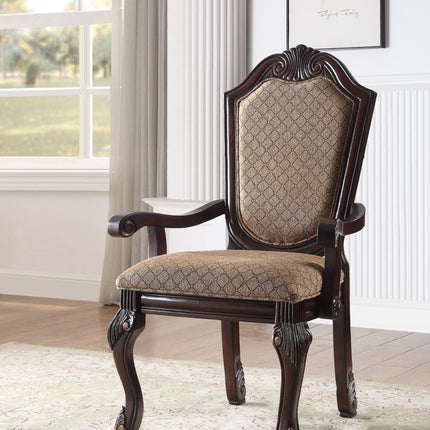 Set of Two Tan and Espresso Fabric Dining Arm Chairs