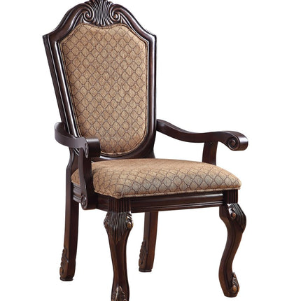 Set of Two Tan and Espresso Fabric Dining Arm Chairs