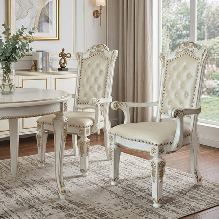 Set of Two Dark Blue and Pearl Tufted Faux Leather Dining Arm Chairs