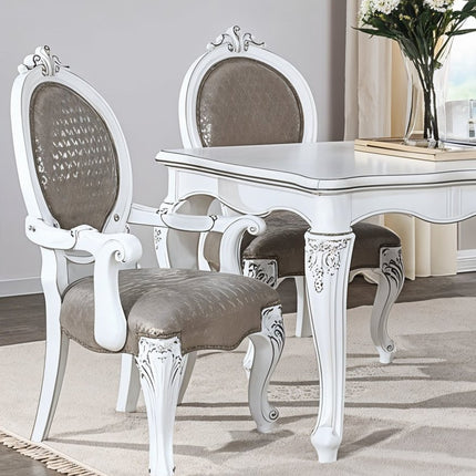 Set of Two Gray and White Upholstered Faux Leather And Solid Wood King Louis Back Dining Arm Chairs