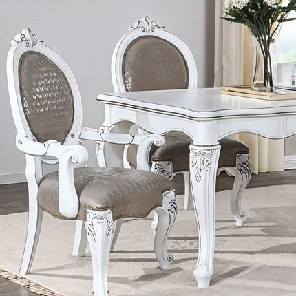 Set of Two Gray and White Upholstered Faux Leather And Solid Wood King Louis Back Dining Arm Chairs HomeRoots