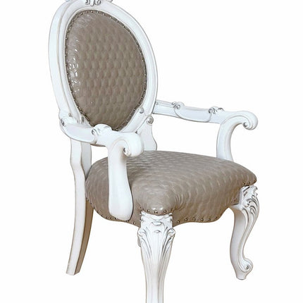 Set of Two Gray and White Upholstered Faux Leather And Solid Wood King Louis Back Dining Arm Chairs HomeRoots