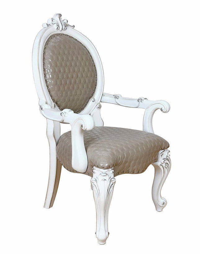 Set of Two Gray and White Upholstered Faux Leather And Solid Wood King Louis Back Dining Arm Chairs HomeRoots