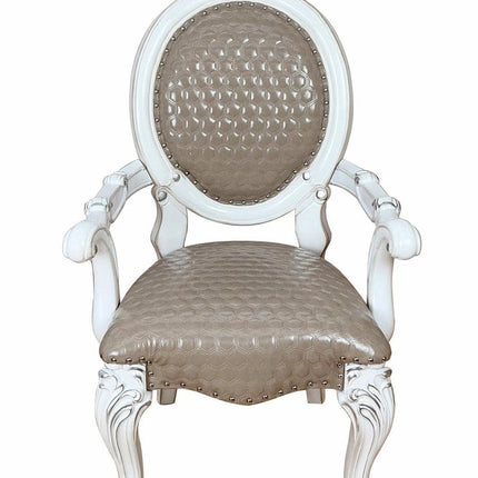 Set of Two Gray and White Upholstered Faux Leather And Solid Wood King Louis Back Dining Arm Chairs HomeRoots
