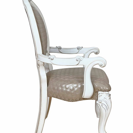 Set of Two Gray and White Upholstered Faux Leather And Solid Wood King Louis Back Dining Arm Chairs HomeRoots