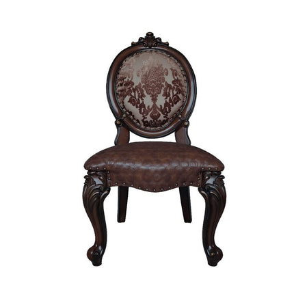 Set of Two Brown and Redwood Tufted Faux Leather King Louis Back Dining Side Chairs