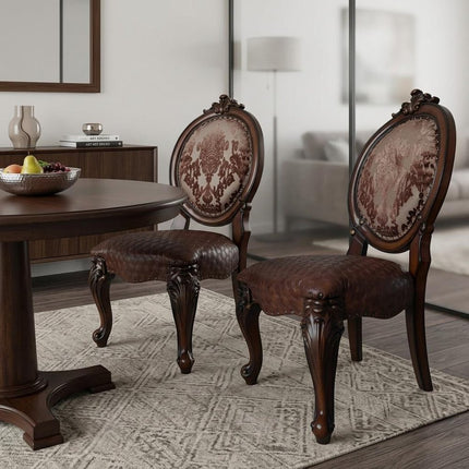 Set of Two Brown and Redwood Tufted Faux Leather King Louis Back Dining Side Chairs
