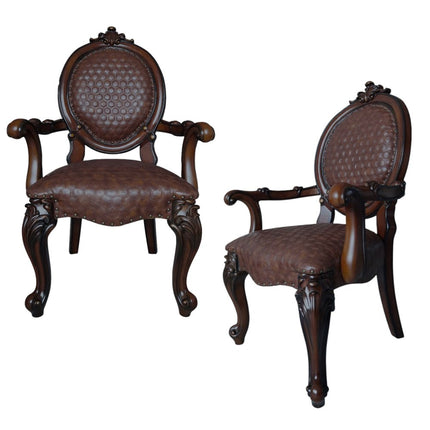 Set of Two Brown and Redwood Faux Leather King Louis Back Dining Arm Chairs