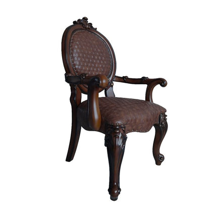 Set of Two Brown and Redwood Faux Leather King Louis Back Dining Arm Chairs