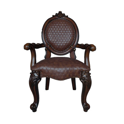 Set of Two Brown and Redwood Faux Leather King Louis Back Dining Arm Chairs