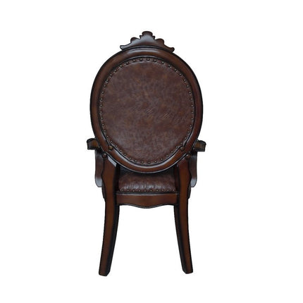 Set of Two Brown and Redwood Faux Leather King Louis Back Dining Arm Chairs