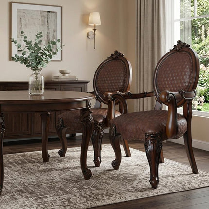 Set of Two Brown and Redwood Faux Leather King Louis Back Dining Arm Chairs