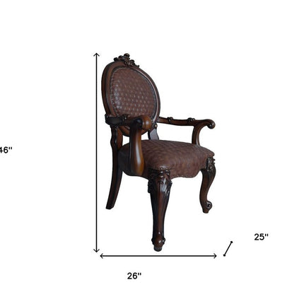 Set of Two Brown and Redwood Faux Leather King Louis Back Dining Arm Chairs