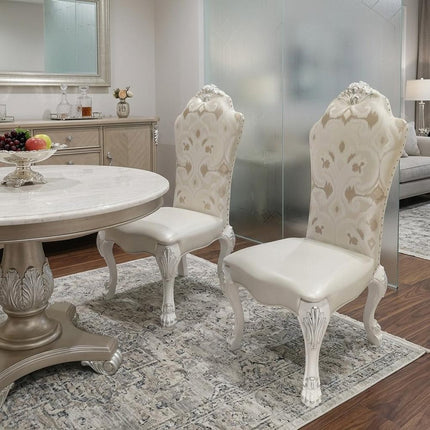Set of Two White Tufted Fabric Dining Side Chairs