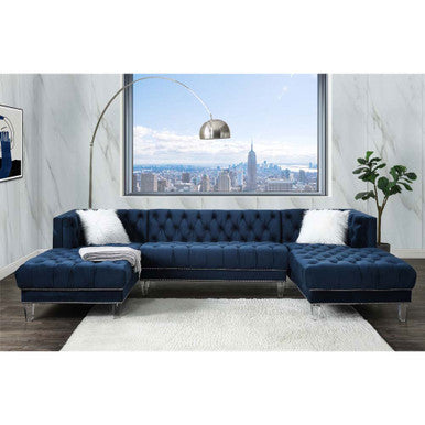 ACME 57365 Ezamia Sectional Sofa with 2 Pillows, Navy Blue Velvet ACME Furniture