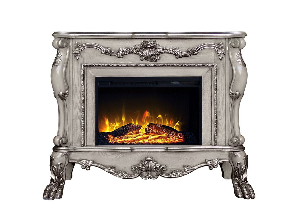 47" Bone Wood Ornate Carved Scrollwork Electric Free Standing Fireplace With Mantle