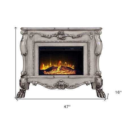 47" Bone Wood Ornate Carved Scrollwork Electric Free Standing Fireplace With Mantle HomeRoots