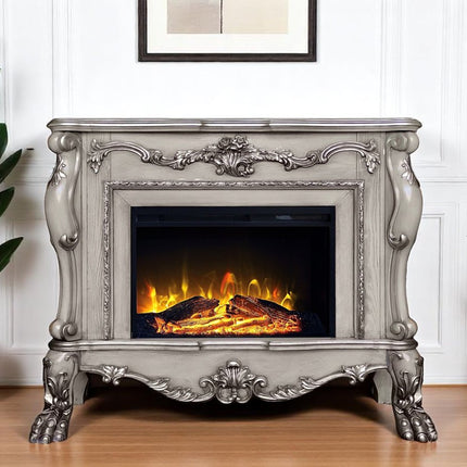 47" Bone Wood Ornate Carved Scrollwork Electric Free Standing Fireplace With Mantle HomeRoots