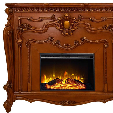 59" Brown Wood Ornate Carved Scrollwork Electric Fireplace With Mantle HomeRoots