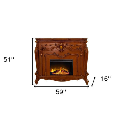 59" Brown Wood Ornate Carved Scrollwork Electric Fireplace With Mantle HomeRoots