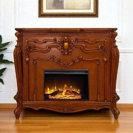 59" Brown Wood Ornate Carved Scrollwork Electric Fireplace With Mantle HomeRoots
