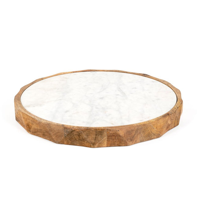 15" Brown And White Marble And Solid Wood Round Cheese Board
