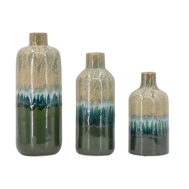 Set of Three Beige Blue And Green Round Ceramic Table Vase