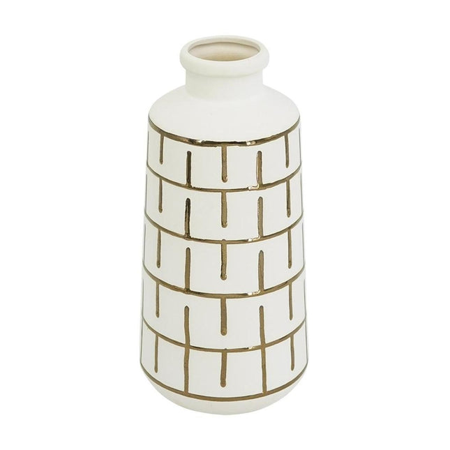 12" Ivory And Gold Geometric Cylindrical Ceramic Table Vase HomeRoots