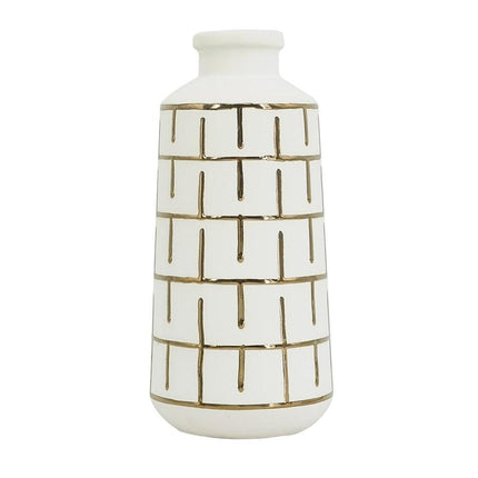 12" Ivory And Gold Geometric Cylindrical Ceramic Table Vase HomeRoots