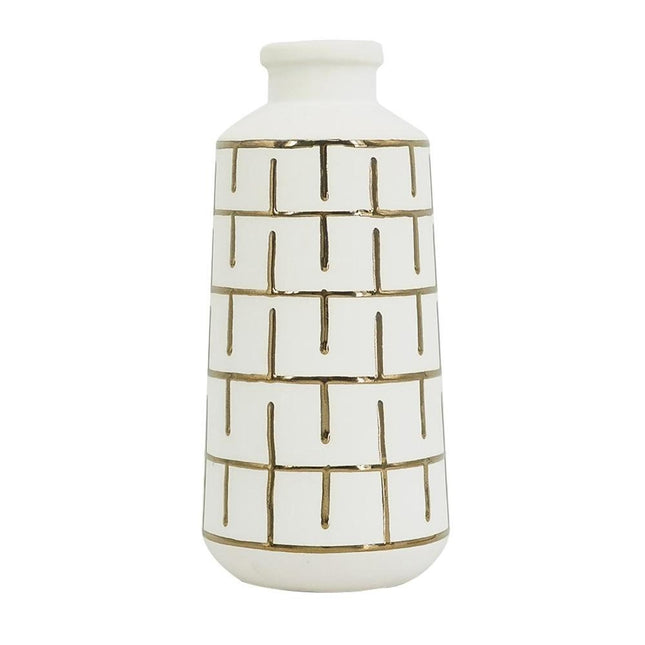 12" Ivory And Gold Geometric Cylindrical Ceramic Table Vase HomeRoots