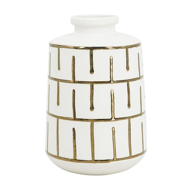 9" Ivory And Gold Geometric Round Ceramic Table Vase HomeRoots