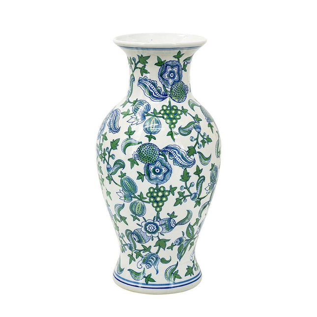 19" White Blue And Green Floral Urn Porcelain Table Vase HomeRoots