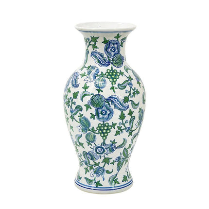 19" White Blue And Green Floral Urn Porcelain Table Vase