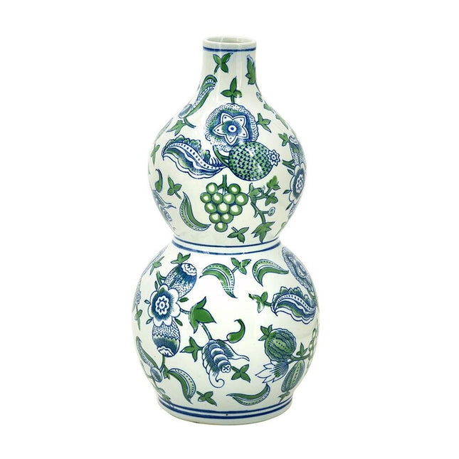 13" White Blue And Green Chinoiserie Porcelain Wavy Gourd Table Vase HomeRoots