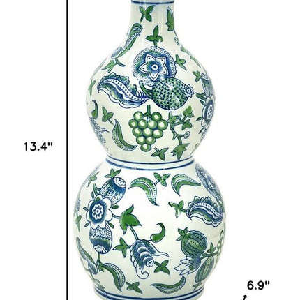 13" White Blue And Green Chinoiserie Porcelain Wavy Gourd Table Vase HomeRoots