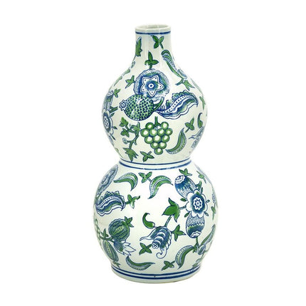 13" White Blue And Green Chinoiserie Porcelain Wavy Gourd Table Vase HomeRoots