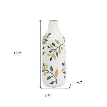 12" White Green And Gold Floral Leaf Bud Ceramic Table Vase HomeRoots
