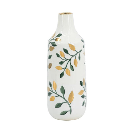 12" White Green And Gold Floral Leaf Bud Ceramic Table Vase HomeRoots