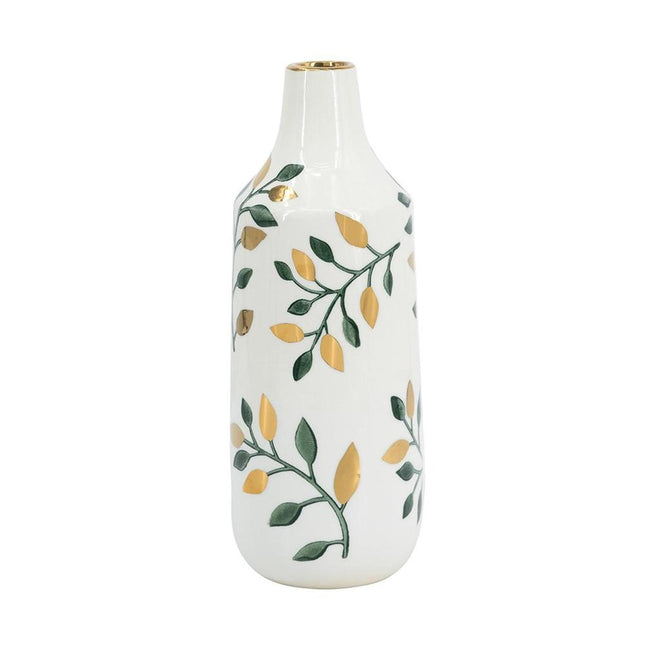 12" White Green And Gold Floral Leaf Bud Ceramic Table Vase HomeRoots