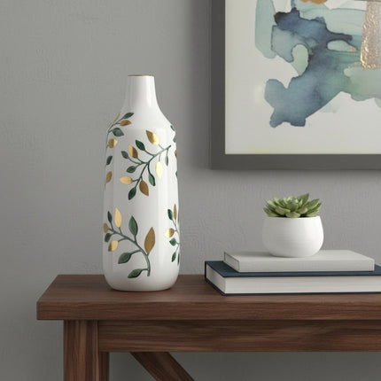 12" White Green And Gold Floral Leaf Bud Ceramic Table Vase HomeRoots