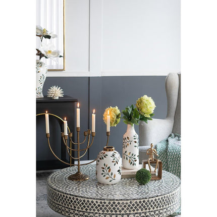 9" White Green And Gold Leaf Round Ceramic Table Vase HomeRoots